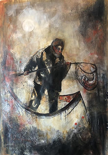 The Boatman, figurative painting of a boatman on the water by Australian artist Helen Oram.