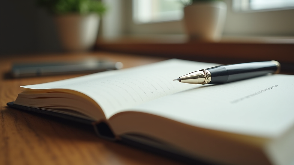 Eye-level view of a journal and pen on a wooden table
