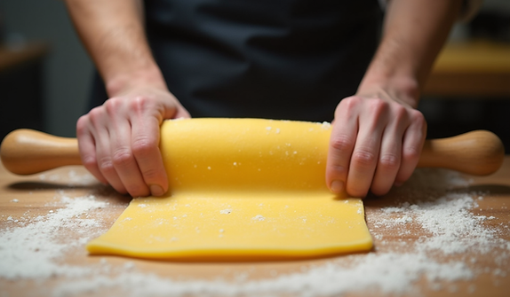 A close-up shot of fresh pasta dough being expertly rolled by hand on a wooden surface, wi