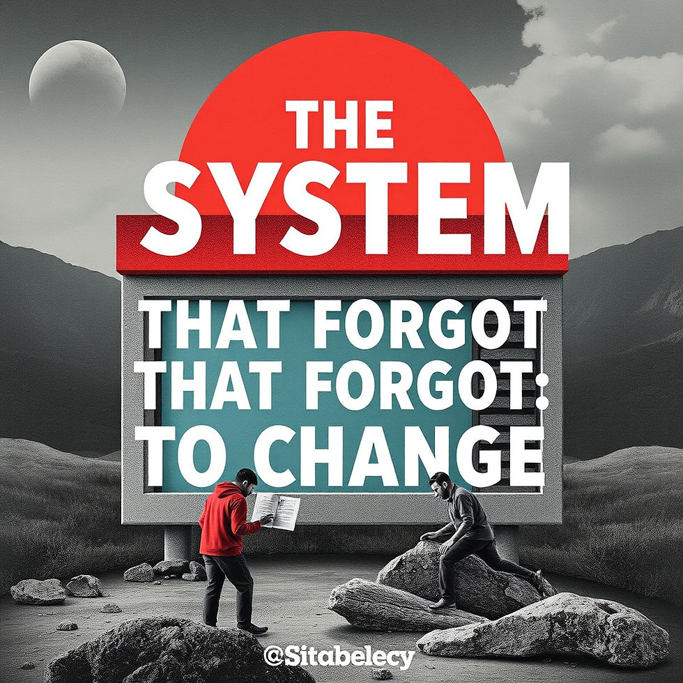 Poster-style scene with two men in a rocky landscape before a sign reading THE SYSTEM THAT FORGOT TO CHANGE, moody and stark.