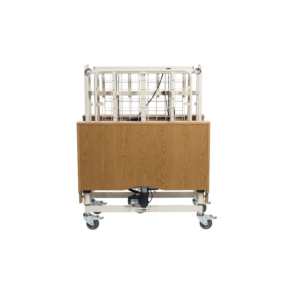Thumbnail: A folded medical cart with wheels and a brown wooden panel in place.