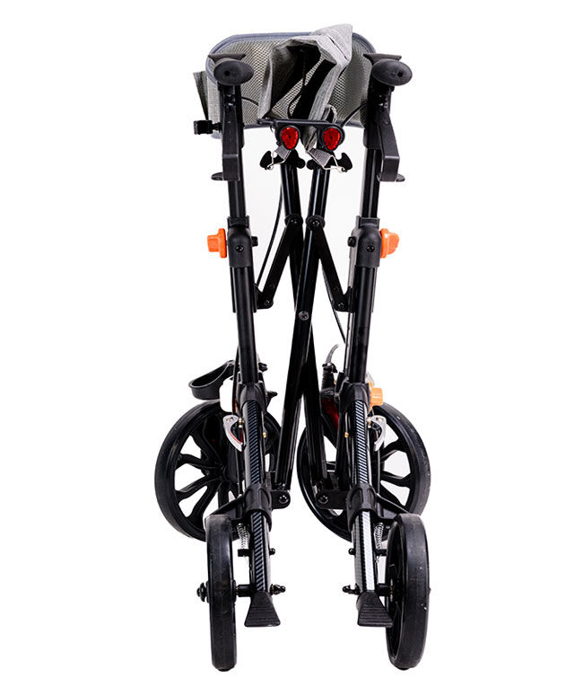 Thumbnail: Folded black and silver mobility walker, wheels, and adjustable handles, essential LC104.
