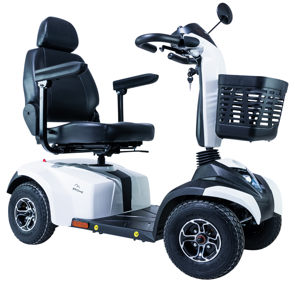 MOVO Brome four-wheel mobility scooter in white, front three-quarter view