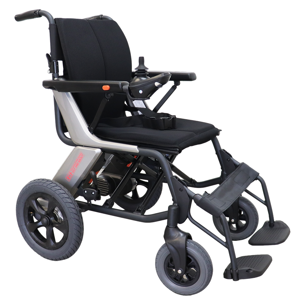 Signature Series Out & About powerchair, complete front three-quarter view