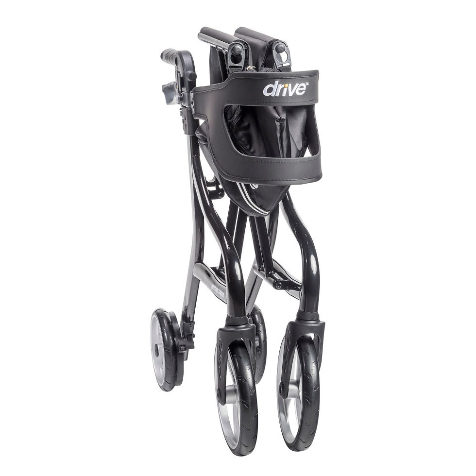 Thumbnail: Folded black Drive walker with wheels, U-Step Neuro, ready for storage.