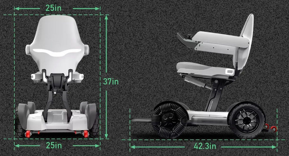 Thumbnail: Wheelchair side view with dimensions 37in and 42.3in against a dark background.