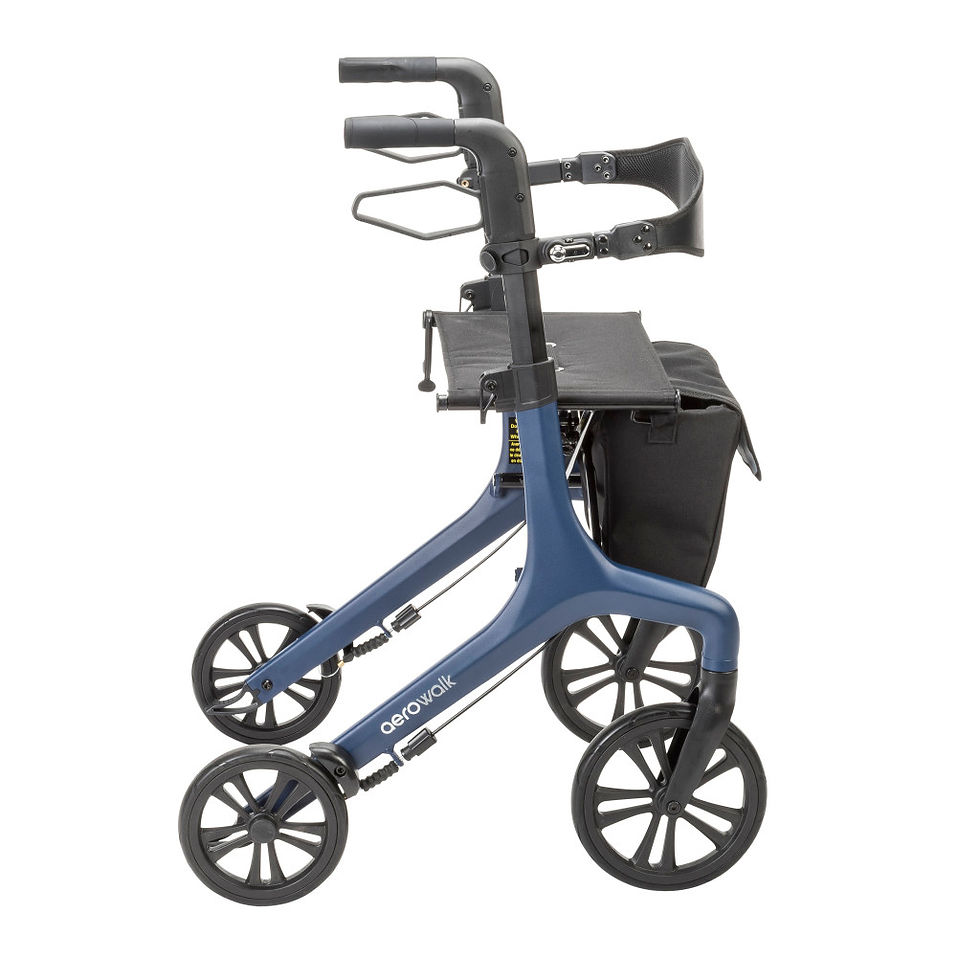 Thumbnail: Blue U-Step Neuro (Standard) walker with four wheels, a seat, and storage area
