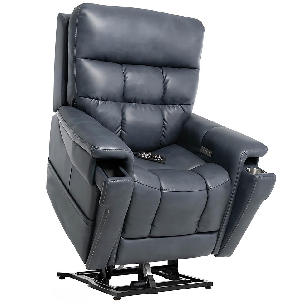 Pride VivaLift! Ultra PLR-4955 power lift recliner in Capriccio Slate blue, raised to the standing position
