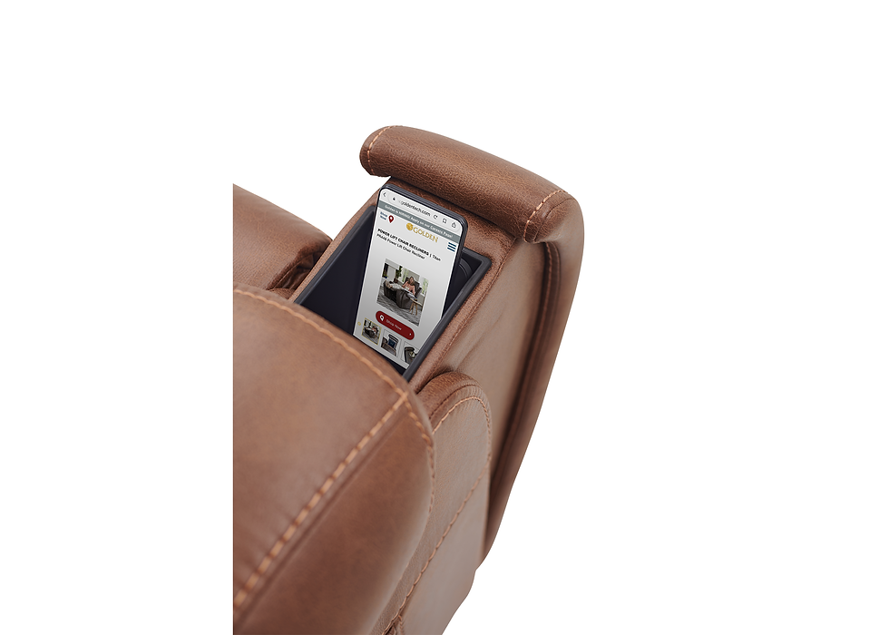 Thumbnail: Brown leather chair with phone in armrest pocket, product shot, South Surrey Medical