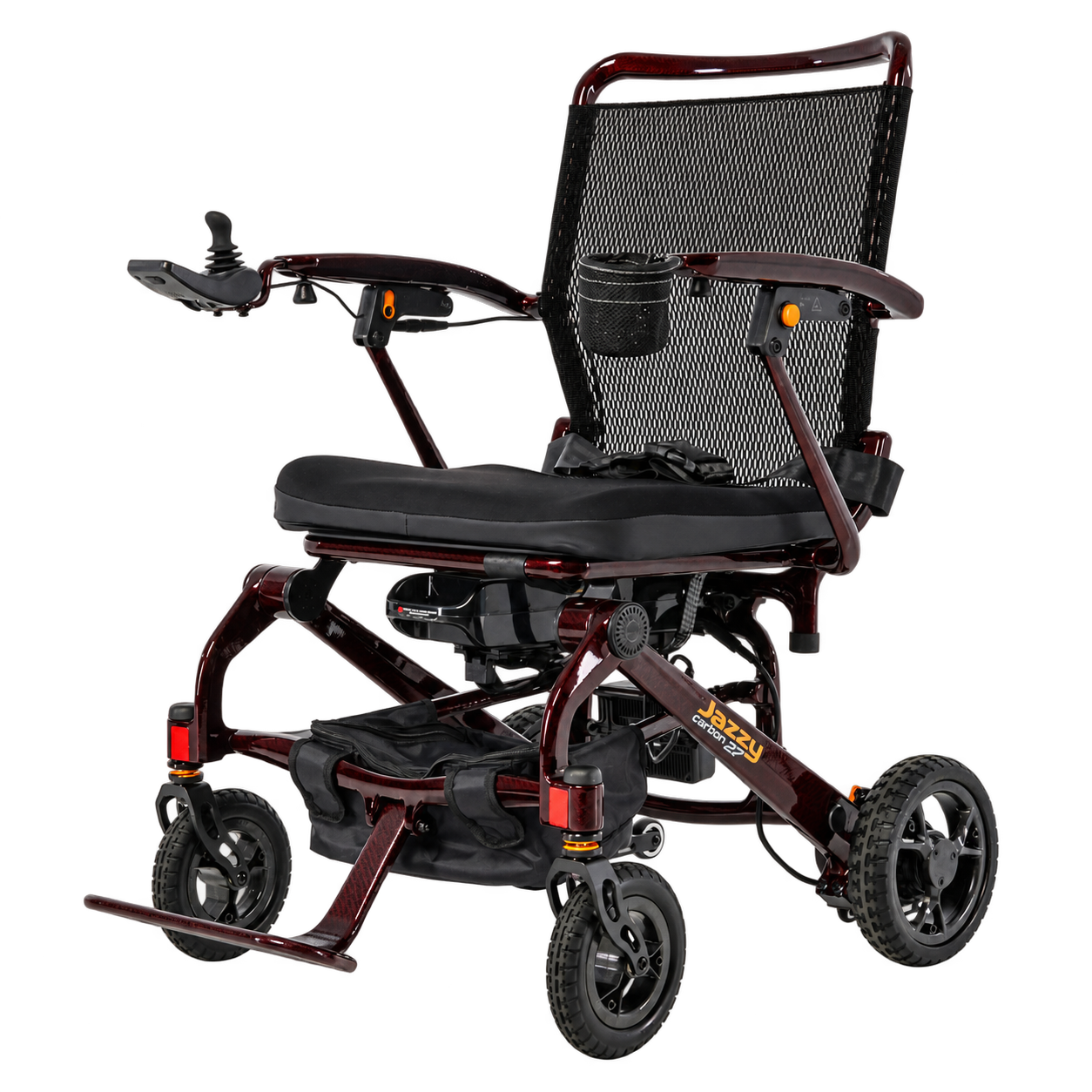 Pride Jazzy Carbon 27 folding power chair in Black Cherry, front three-quarter view