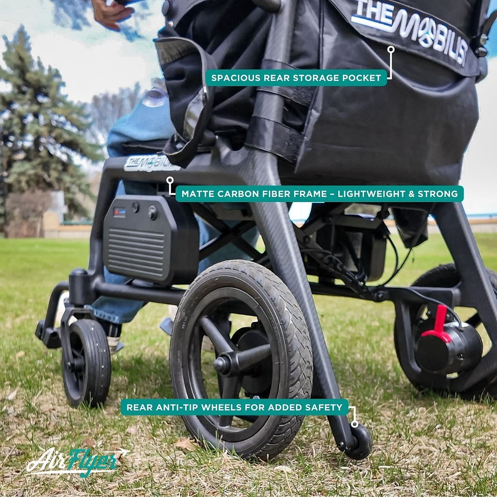 Thumbnail: Wheelchair with Text: Spacious Rear Storage Pocket, Sturdy Carbon Fiber Frame, Safe Wheels