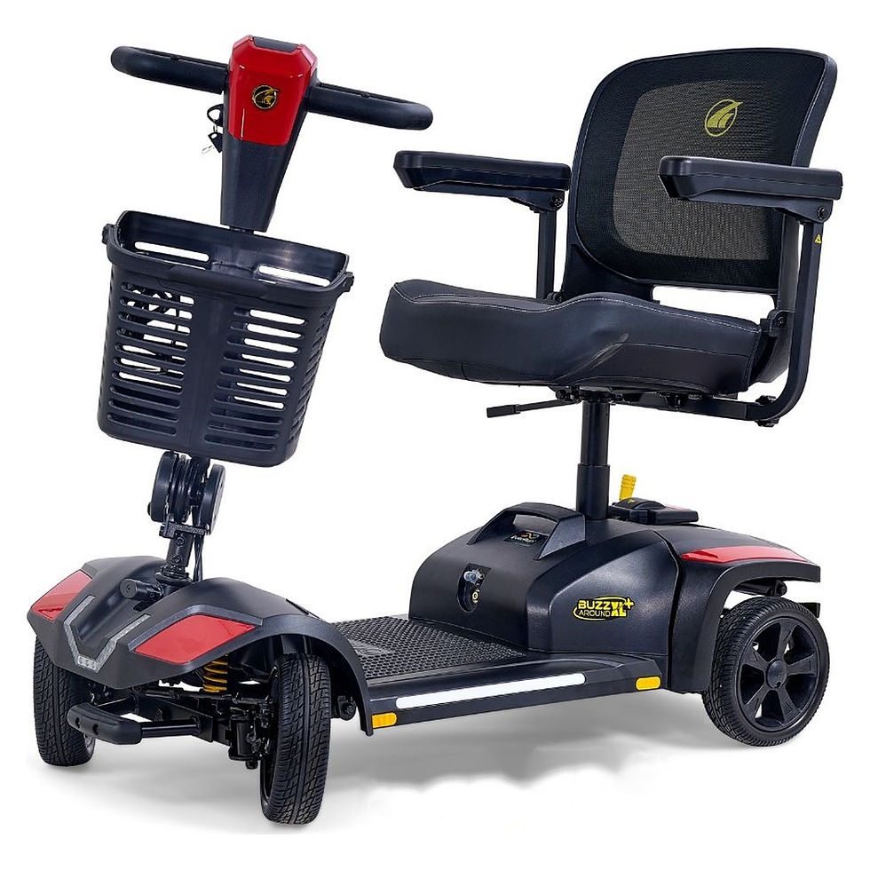 Buzzaround XL+ four wheel scooter with red colour panels, front left view on a white background