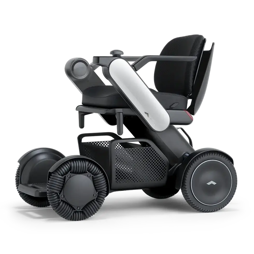 Thumbnail: WHILL Model C2 with the standard back and white arm covers, side view on a white background