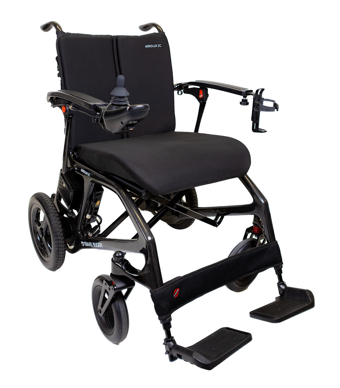 Black folding mobility electric wheelchair features adjustable armrests and footrests. South Surrey Medical.