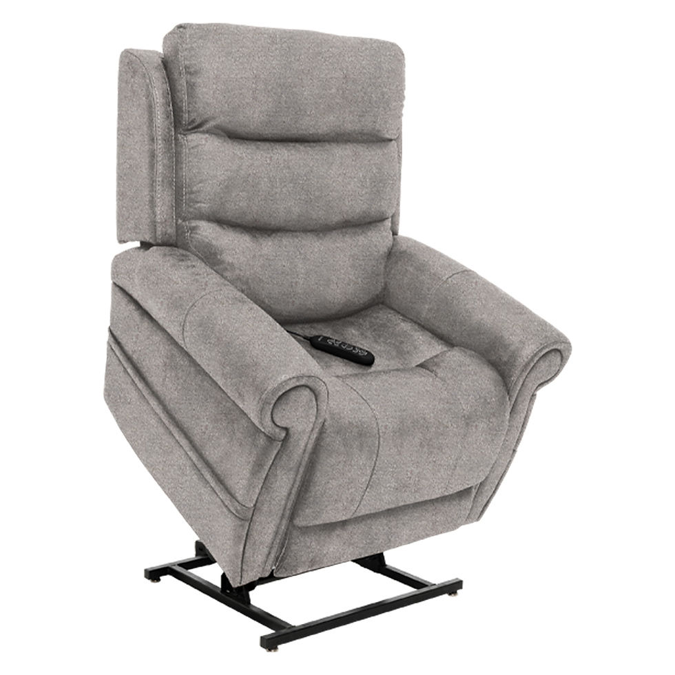 Thumbnail: Grey lift chair with remote control, ideal for seniors and mobility issues.