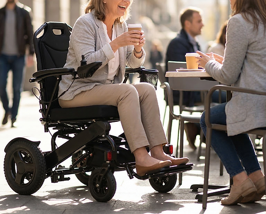 A woman in a Travel Buggy CITY 2 PLUS power chair at an outdoor café with friends