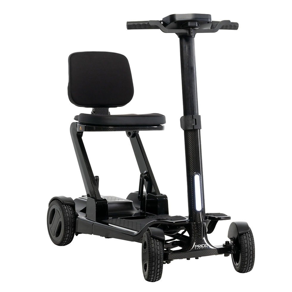 Pride Go-Go Carbon folding scooter in black, front three-quarter view