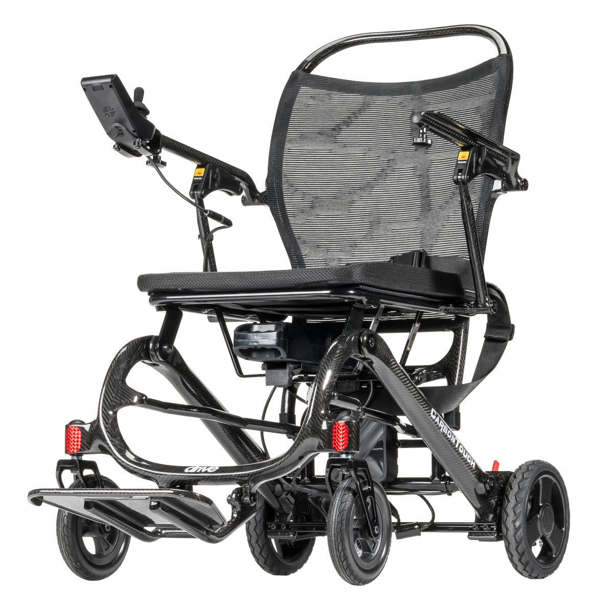 CarbonTouch carbon fibre folding power chair in black, front three-quarter view