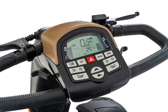 Thumbnail: Scooter's digital dashboard, displaying speed, distance, and control buttons; South Surrey Medical.