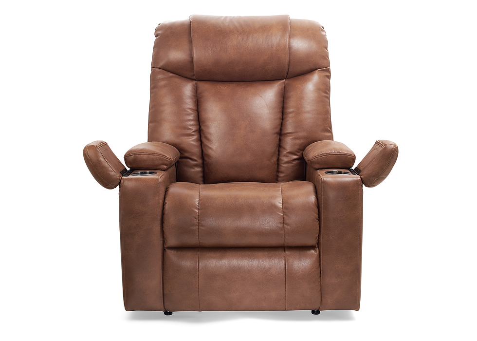Thumbnail: Brown leather recliner chair with cup holders, comfortable and supportive seating.