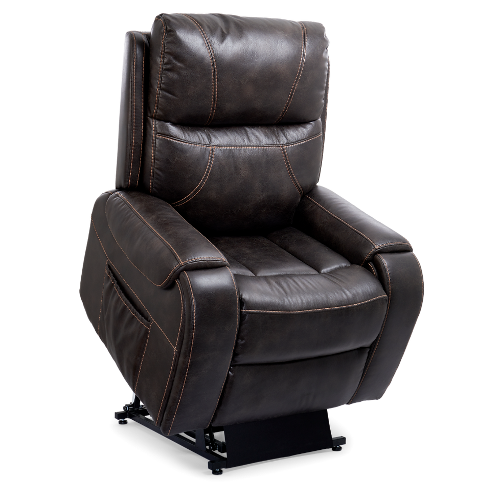 Golden Titan with Twilight PL449 power lift recliner in Sutton Graphite, raised to the standing position