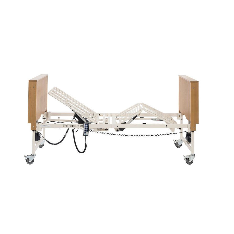 Thumbnail: Adjustable hospital bed with wooden headboards and frame; Essential LC104; white background.