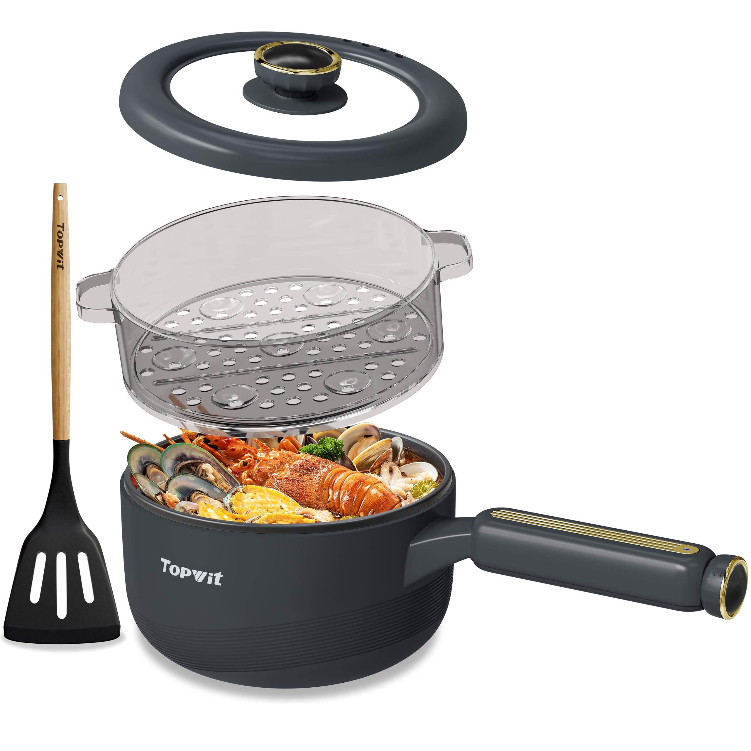 TOPWIT Culinary Electric Pot 2L with Steamer - Dual Control Non-Stick Multi-Cook