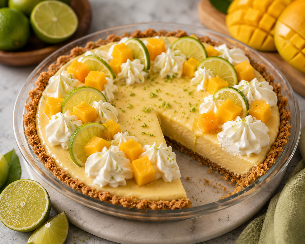 Key lime mango pie with a slice missing, topped with lime slices, mango cubes, and whipped cream. Limes and mangoes in the background. Bright and fresh mood.