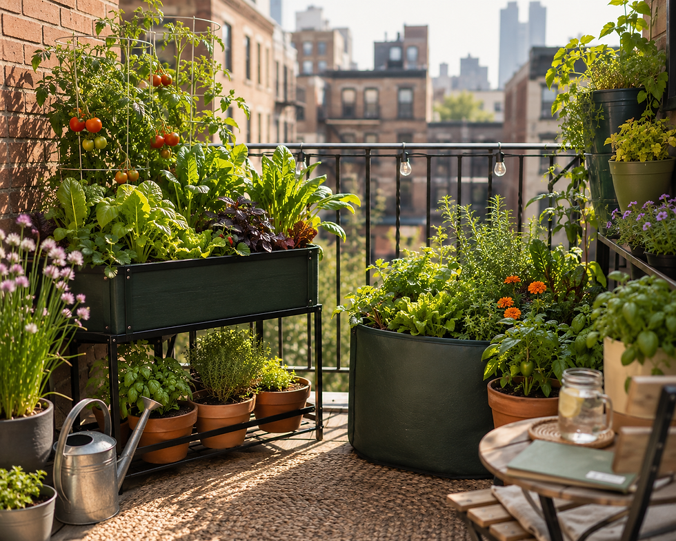 Urban balcony garden with lush vegetables, tomatoes, flowers, and herbs in pots. Cityscape in background, watering can, sunny day.