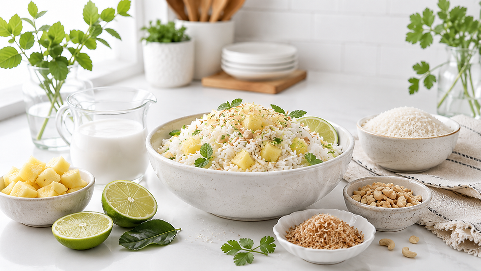 Bowl of rice with pineapple and herbs, surrounded by lime, coconut milk, cashews and herbs on a bright white kitchen counter.