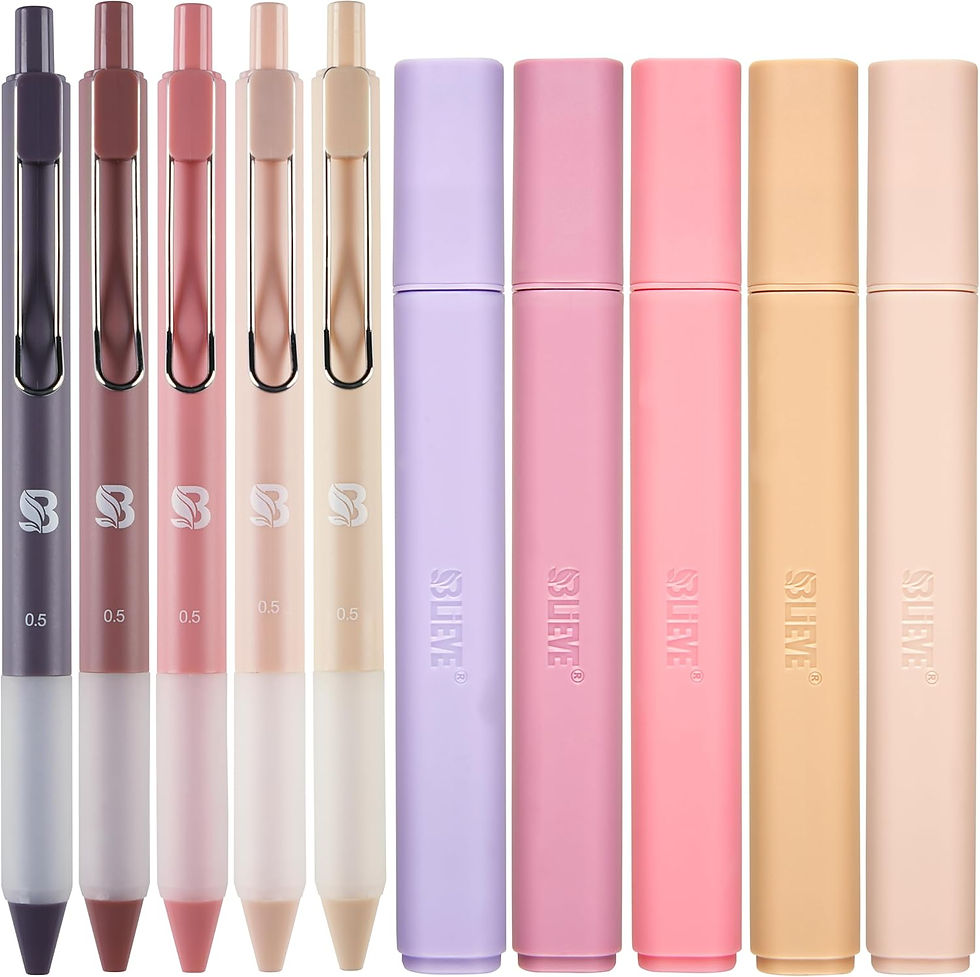 Row of pastel retractable pens and markers in purple, pink, peach and beige, labeled 0.5 and BHEVE on a white background.