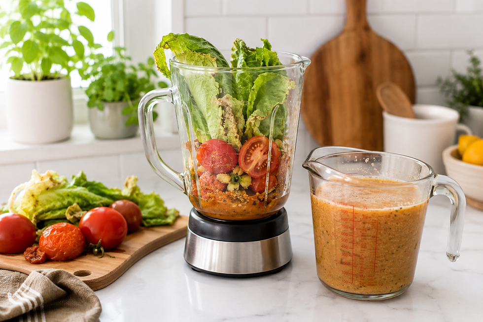 A blender with old lettuce and tomatoes, a measuring cup with a smoothie, on a kitchen counter with green plants and wooden board.