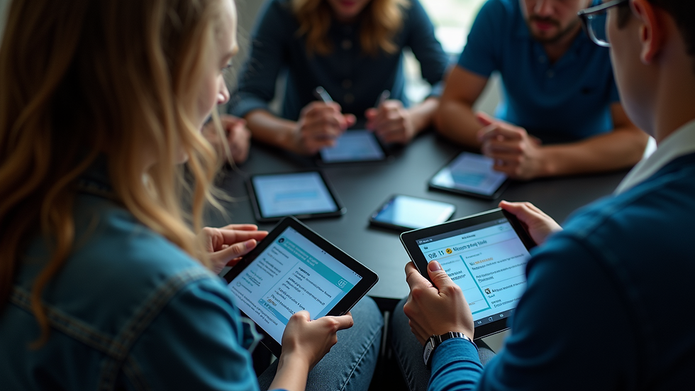High angle view of a group playing an interactive trivia game on tablets