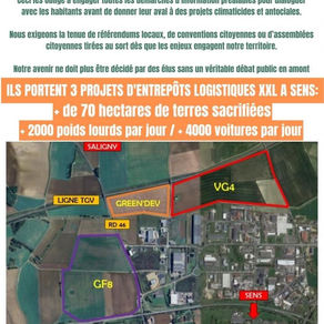 Annonce rassemblement 16/05 Démocratie du Sénonais et Contre l'implantation de bases logistiques XXL à Sens