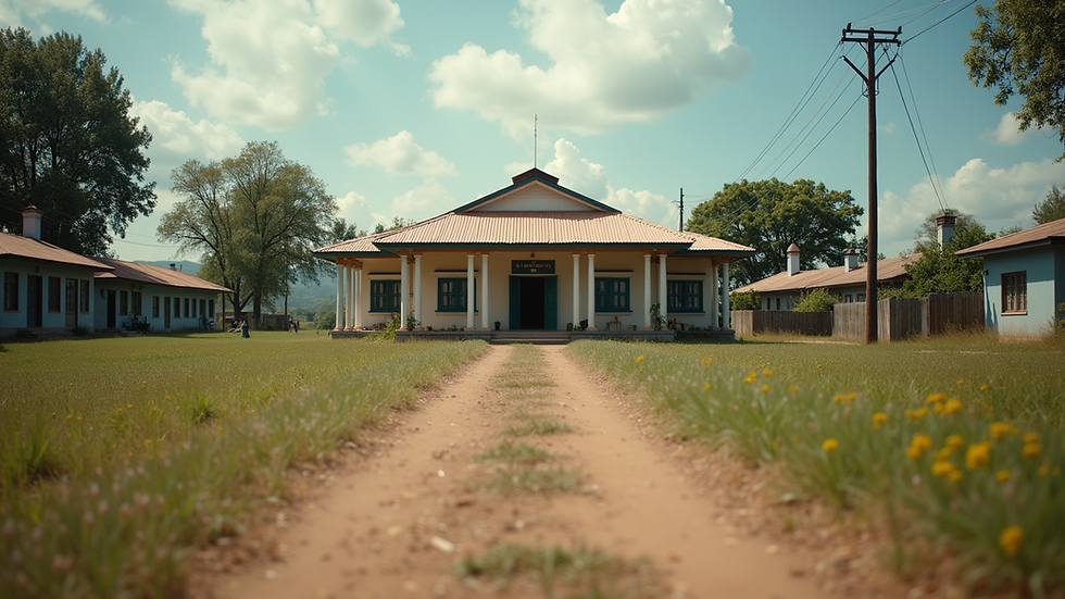 Eye-level view of a community center in a rural area