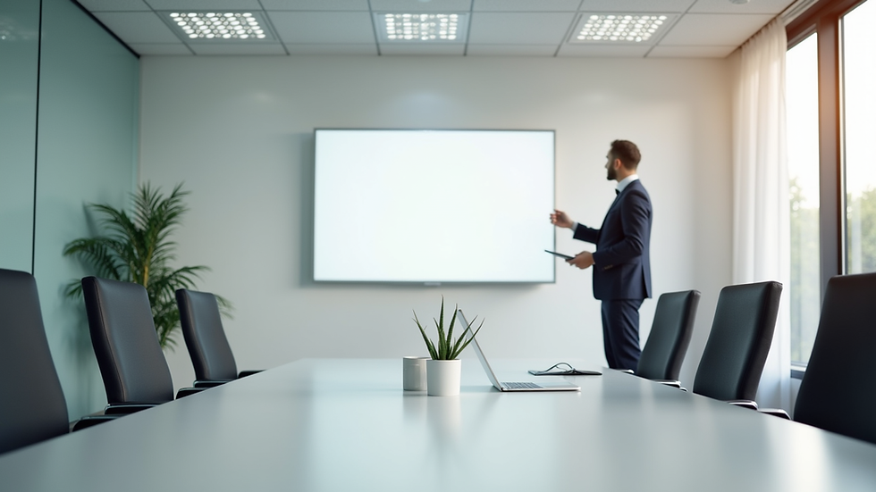 Eye-level view of a modern consulting office with a large whiteboard