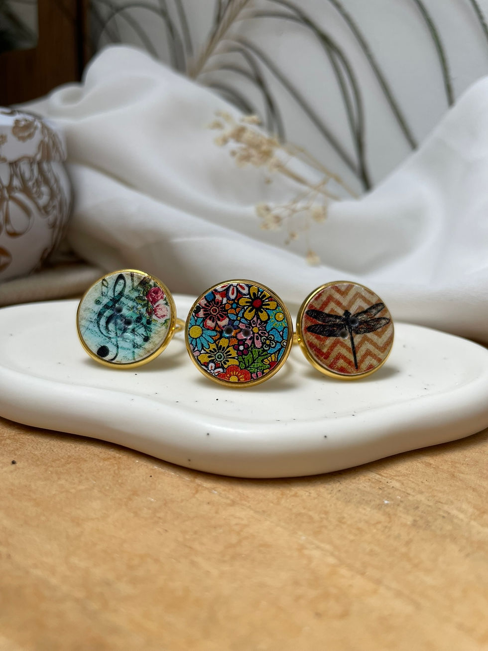 Thumbnail: Bague bouton réglable - LIBELLULE - MUSIQUE - FLEURS