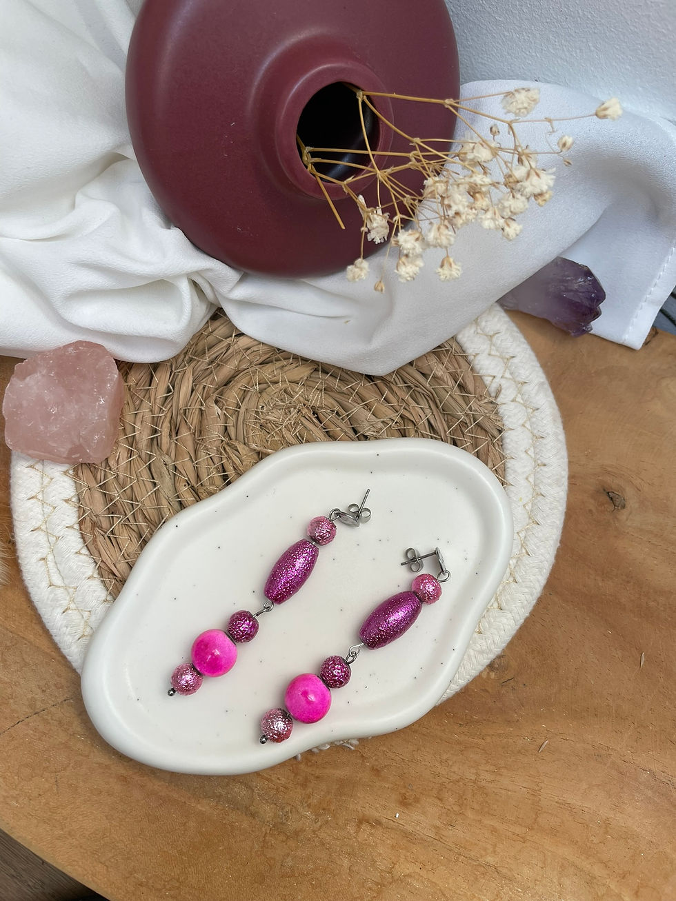 Thumbnail: Boucles d'oreilles longues ROSE x Paillettes