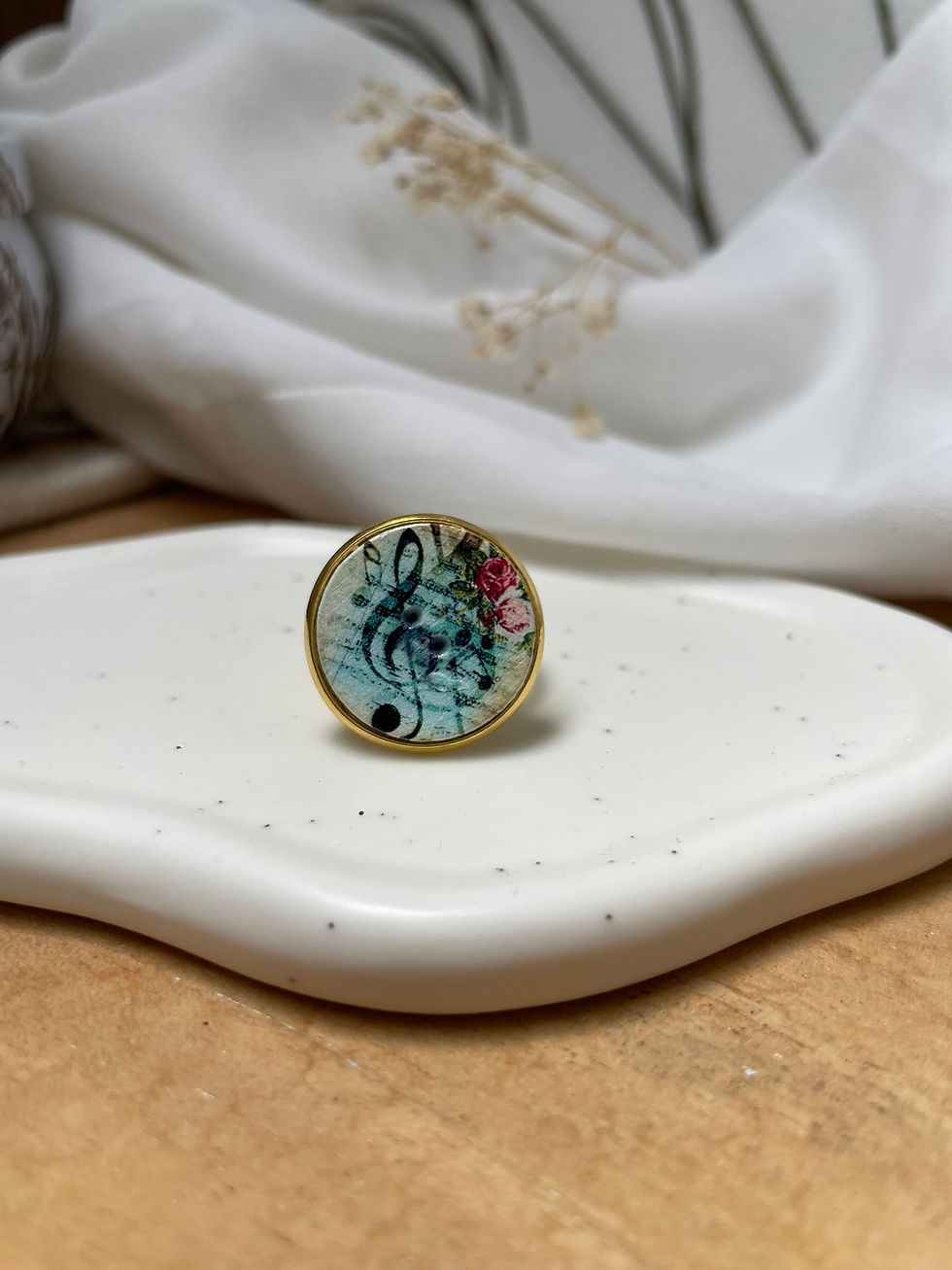 Thumbnail: Bague bouton réglable - LIBELLULE - MUSIQUE - FLEURS