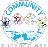 Community Enterprises logo. Circle with Greenville Cityscape, Community Enterprises written, and miniature logos of Community Transportation, Homecare, Duramed Supply, and Consultation.
