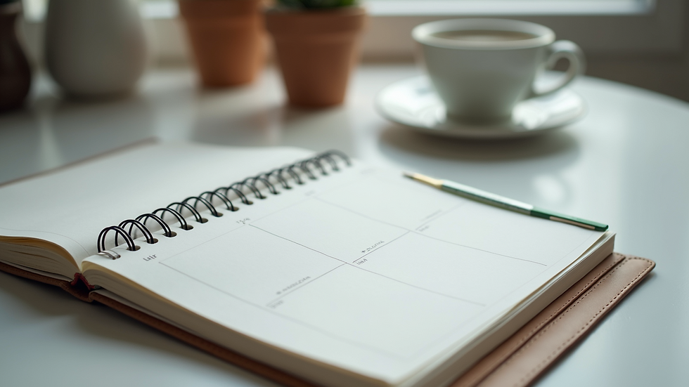 Close-up view of a well-organized workspace with a planner and stationery
