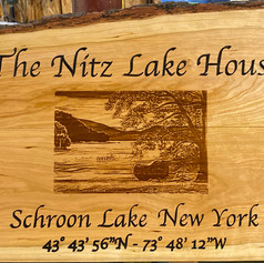 Camp Sign 17X20" Cherry Live Edge Photo etched text carved.