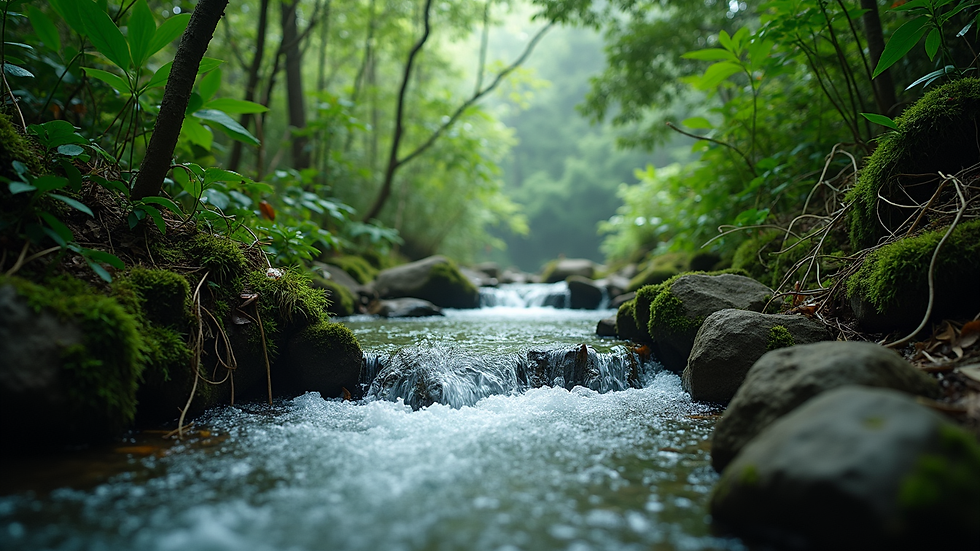 Wide angle view of the lush rainforest with flowing water stream