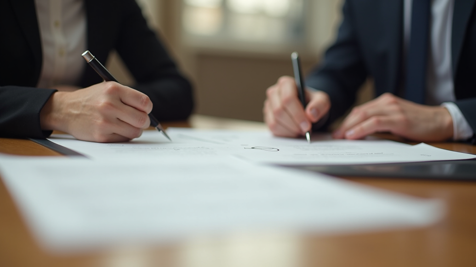 Close-up view of a contract being signed on a wooden table