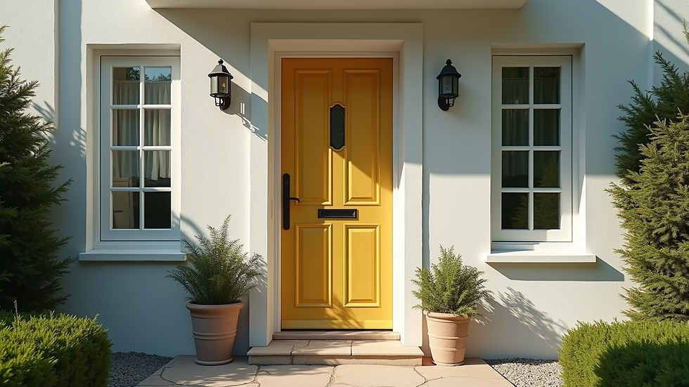 High angle view of a freshly painted front door with potted plants