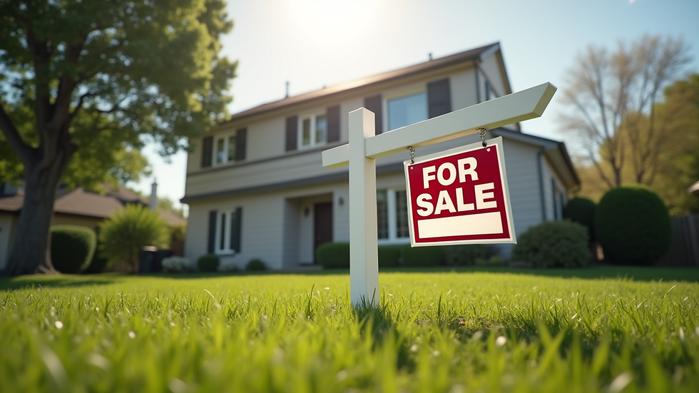 Eye-level view of a suburban house with a "For Sale" sign