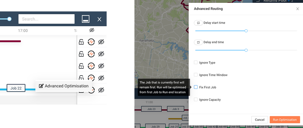 Opening Advanced Optimisation settings from the Timeline in Tarot Routing