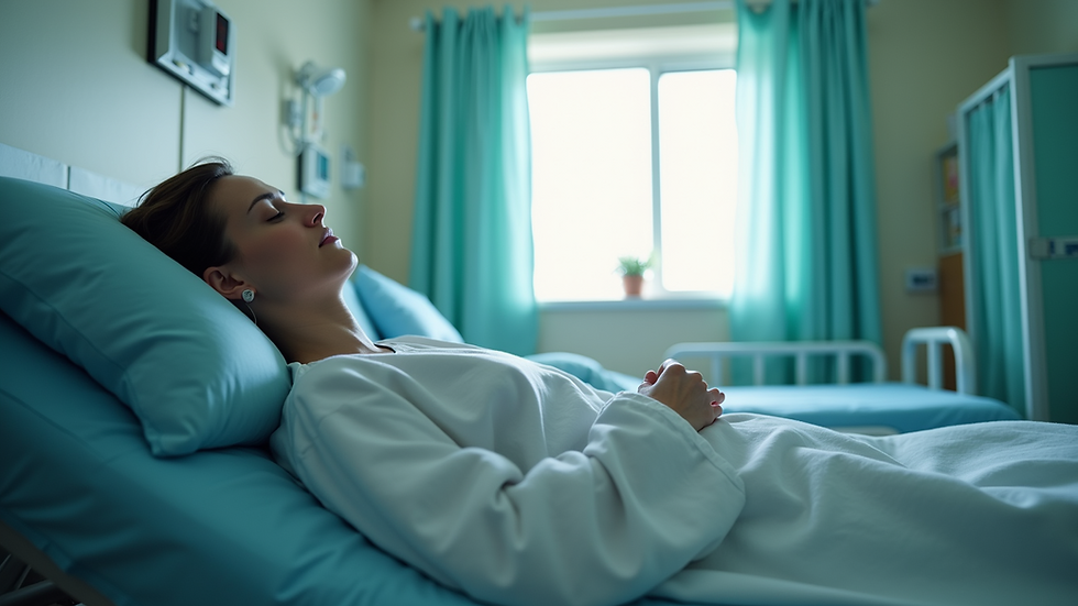 Close-up view of a hospital room with a patient resting in bed