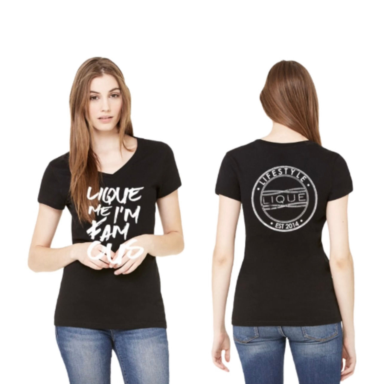 Black v-neck shirt with white logo