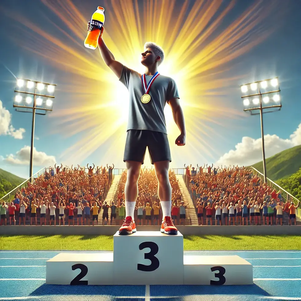 personne célébrant sur un podium avec une boisson isotonique à la main, entourée d'une foule en liesse
